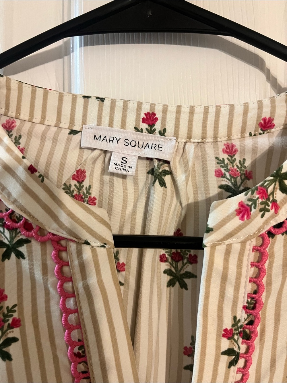 Mary Square Cream Floral Stripe Tiered Dress with Pink Trim - Picture 2 of 4